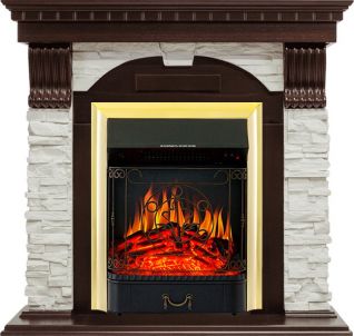 Электрокамин Dublin угловой - Темный дуб / Сланец белый с очагом Majestic FX Brass