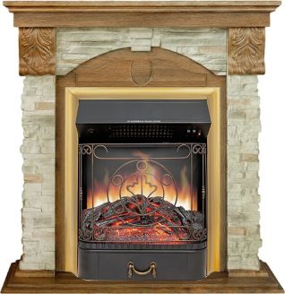 Электрокамин Dublin (Разборный) - Дуб коньяк / Камень Онтарио с очагом Majestic FX Brass